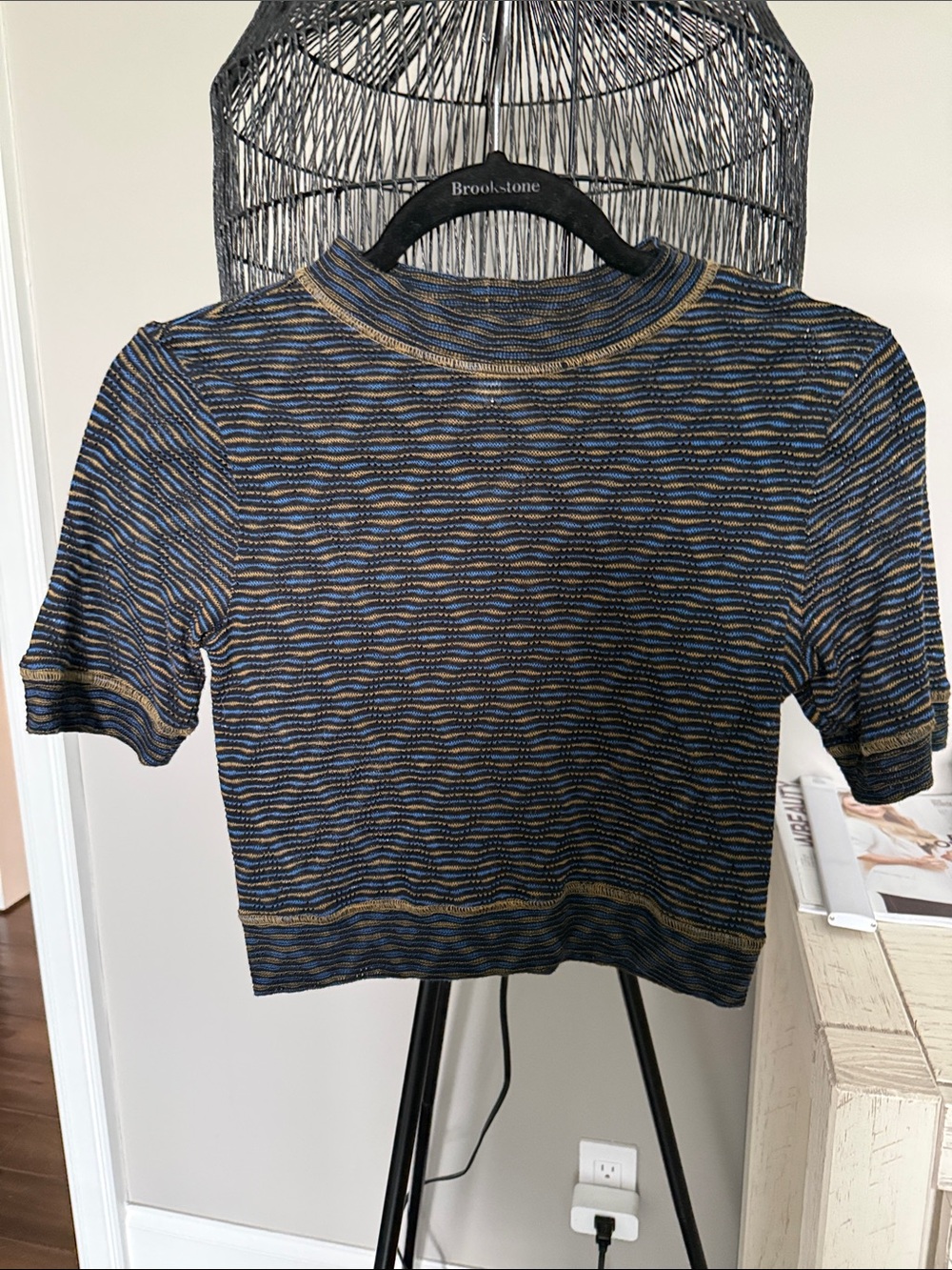 Free People Striped Short-Sleeve Knit Top in Blue and Gold
